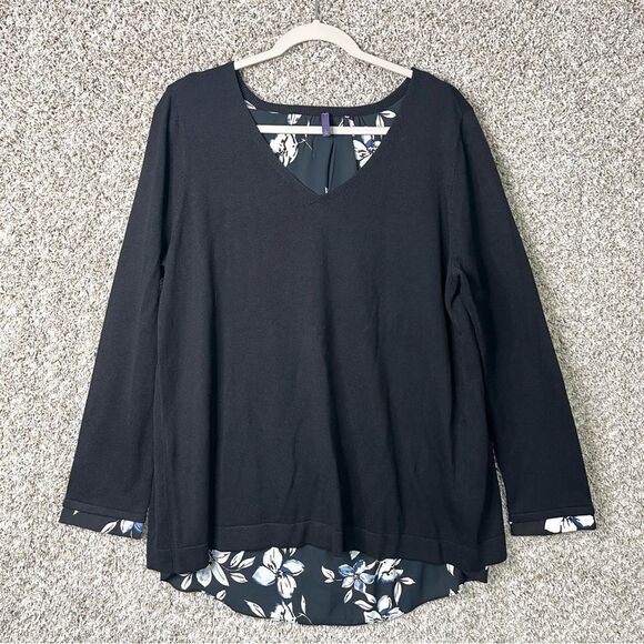 NYDJ Sweater Women’s Large Black with Floral Chiffon Underlay V-Neck Split Back - Picture 1 of 4